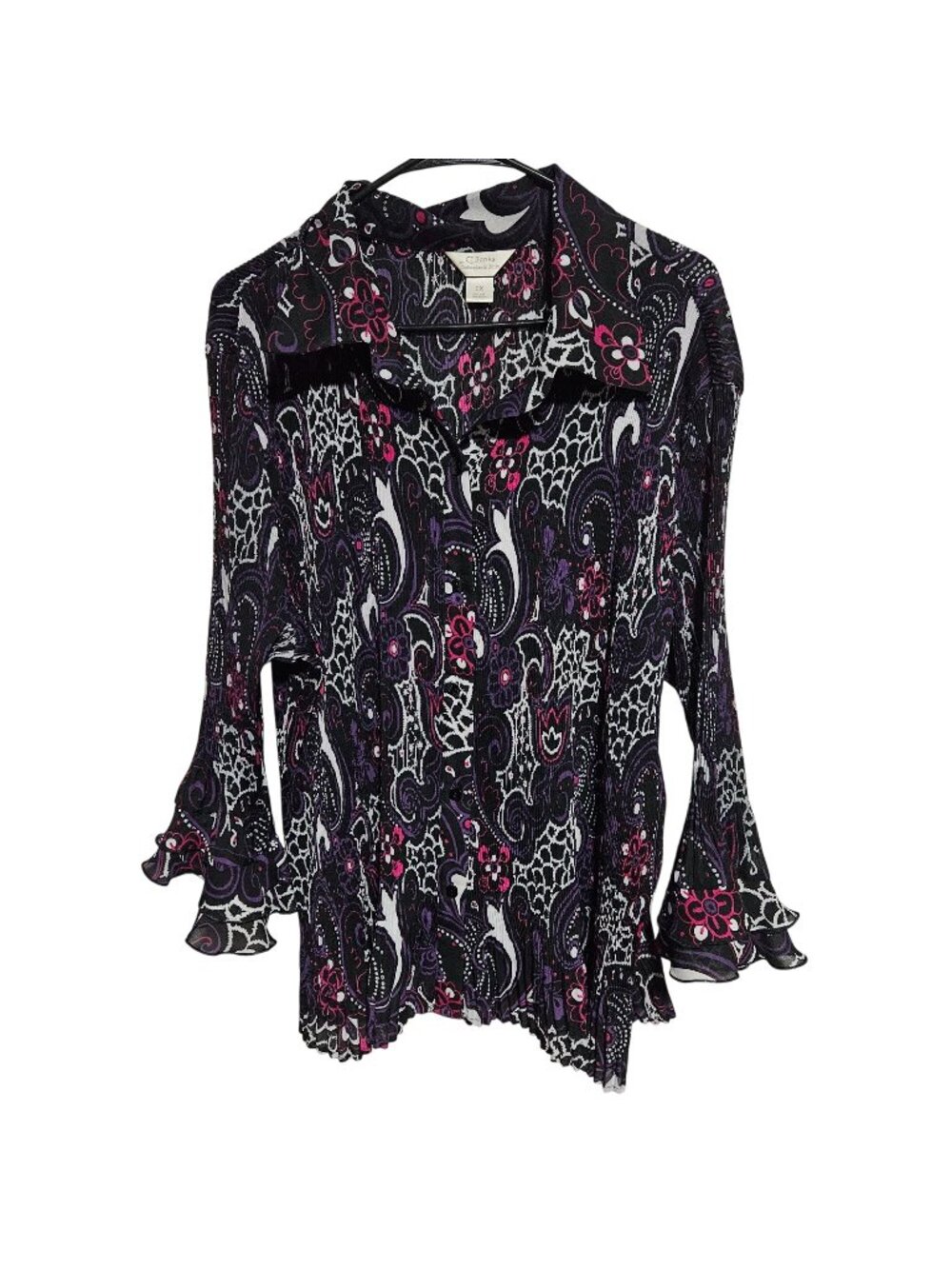 C.J. Banks Plisse Blouse Womens Plus Size 2X Paisley Ruffle Sleeve Crinkle Top